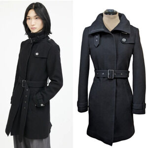 Burberry Brit Black Rushworth Wool Belted Trench Coat Lined 10